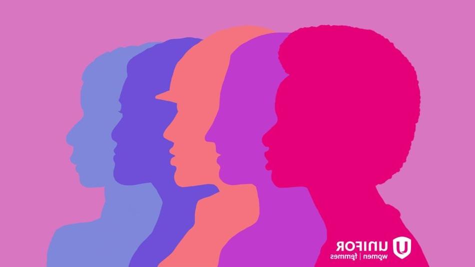 Generic silhouette of five female figures appear on a pink background with the uedbet新版官网 Women's Department logo in the lower left corner.